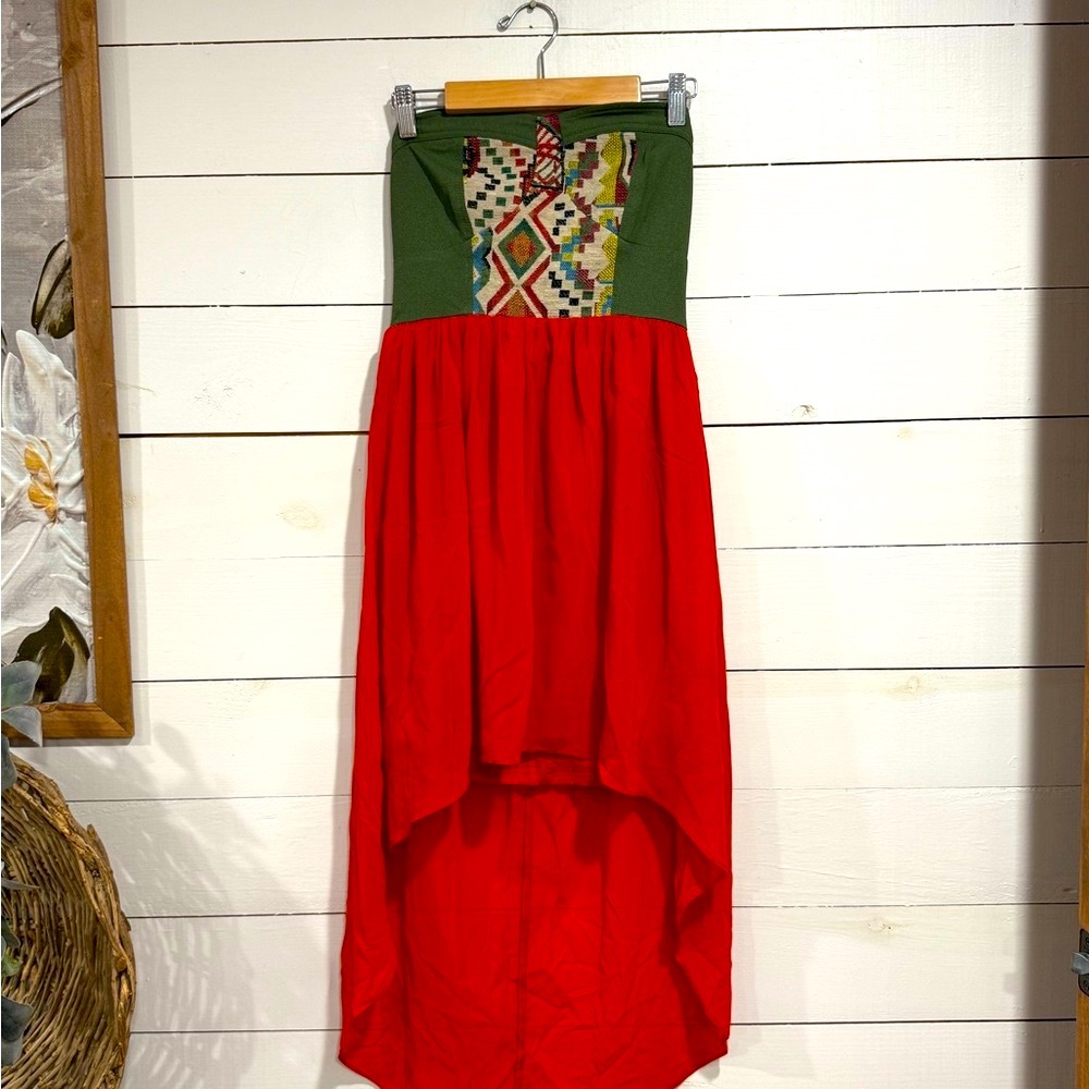 Boho Red and Green Strapless Dress